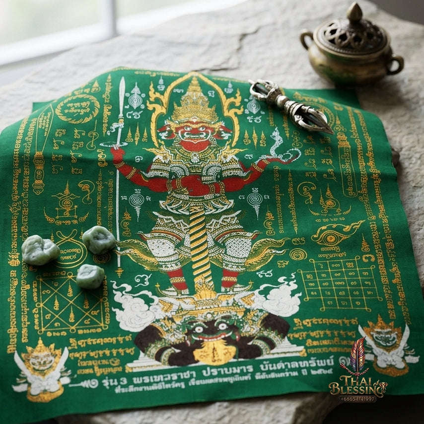Authentic Thai Sacred Yantra Cloth "Lord Thao Wessuwan - Wealth Prosperity & Evil Vanquishing Edition Batch 3" (A3 Size) by Ruen Phra Phetchalukan Pichai Songkhram Thai Blessing Co By RURUECHA