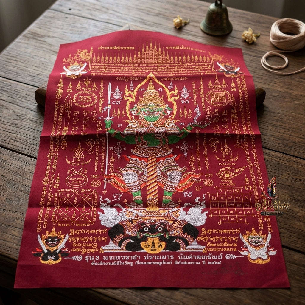 Authentic Thai Sacred Yantra Cloth "Lord Thao Wessuwan - Wealth Prosperity & Evil Vanquishing Edition Batch 3" (A3 Size) by Ruen Phra Phetchalukan Pichai Songkhram