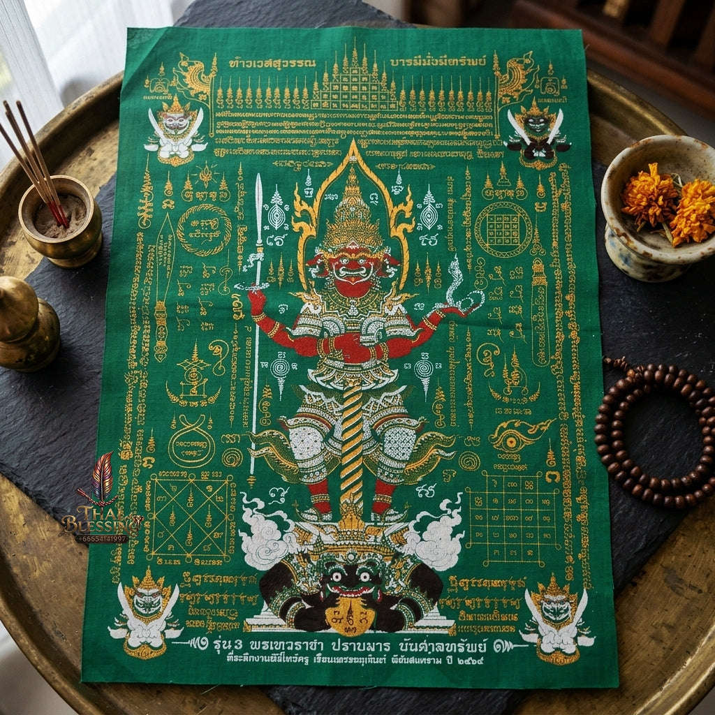 Authentic Thai Sacred Yantra Cloth "Lord Thao Wessuwan - Wealth Prosperity & Evil Vanquishing Edition Batch 3" (A3 Size) by Ruen Phra Phetchalukan Pichai Songkhram Thai Blessing Co By RURUECHA