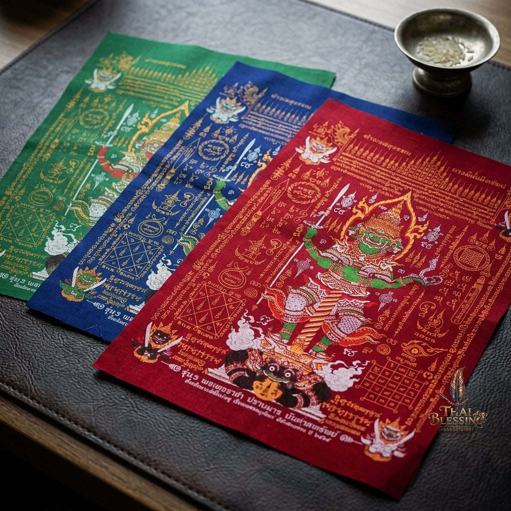 Authentic Thai Sacred Yantra Cloth "Lord Thao Wessuwan - Wealth Prosperity & Evil Vanquishing Edition Batch 3" (A3 Size) by Ruen Phra Phetchalukan Pichai Songkhram