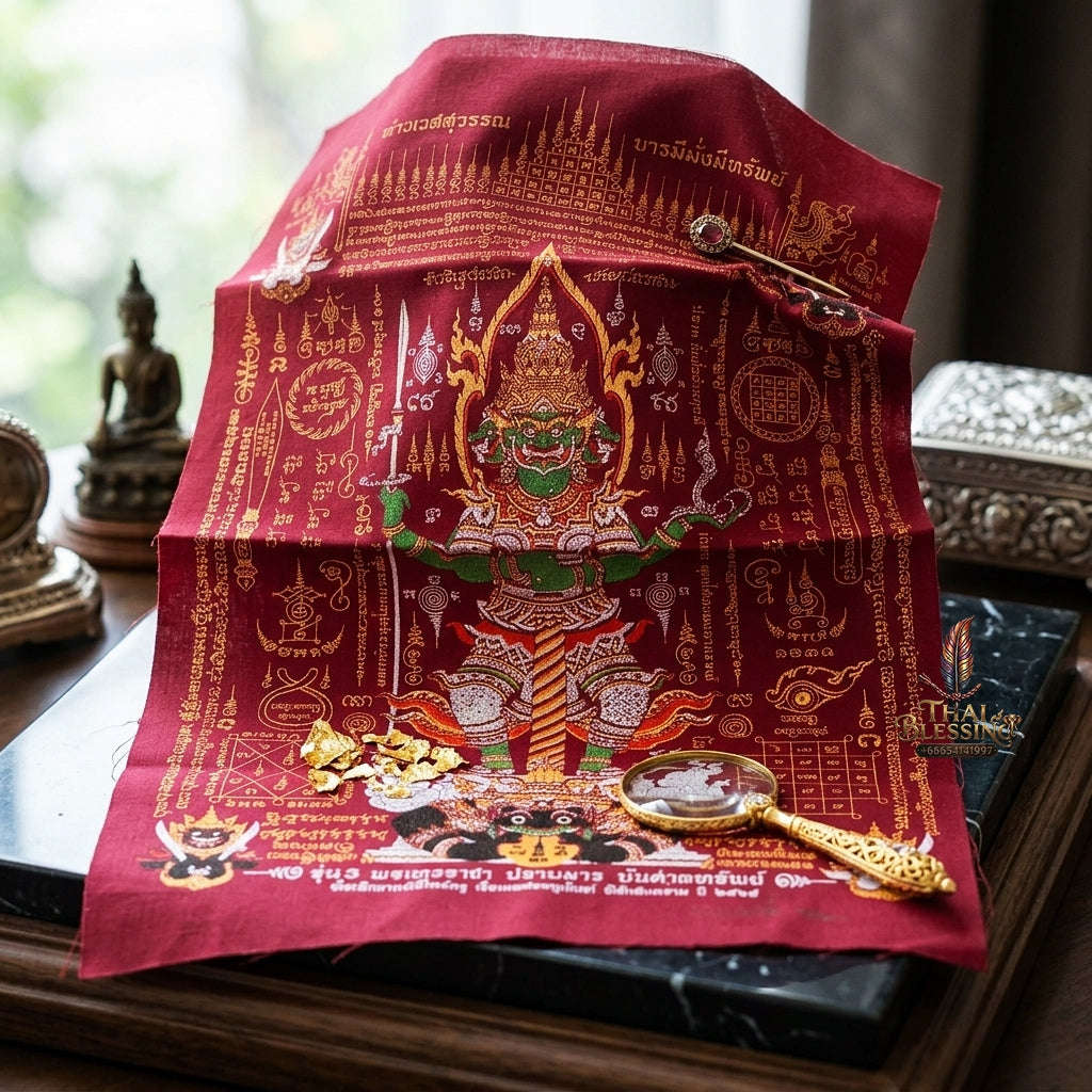 Authentic Thai Sacred Yantra Cloth "Lord Thao Wessuwan - Wealth Prosperity & Evil Vanquishing Edition Batch 3" (A3 Size) by Ruen Phra Phetchalukan Pichai Songkhram