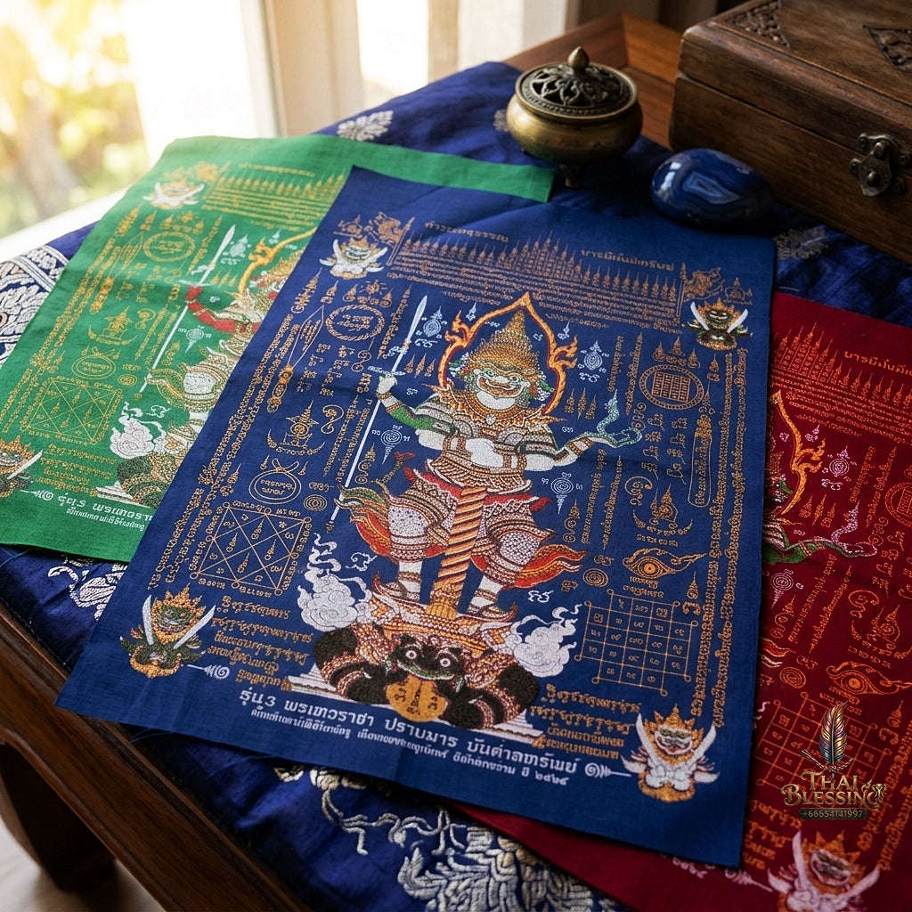 Authentic Thai Sacred Yantra Cloth "Lord Thao Wessuwan - Wealth Prosperity & Evil Vanquishing Edition Batch 3" (A3 Size) by Ruen Phra Phetchalukan Pichai Songkhram Thai Blessing Co By RURUECHA