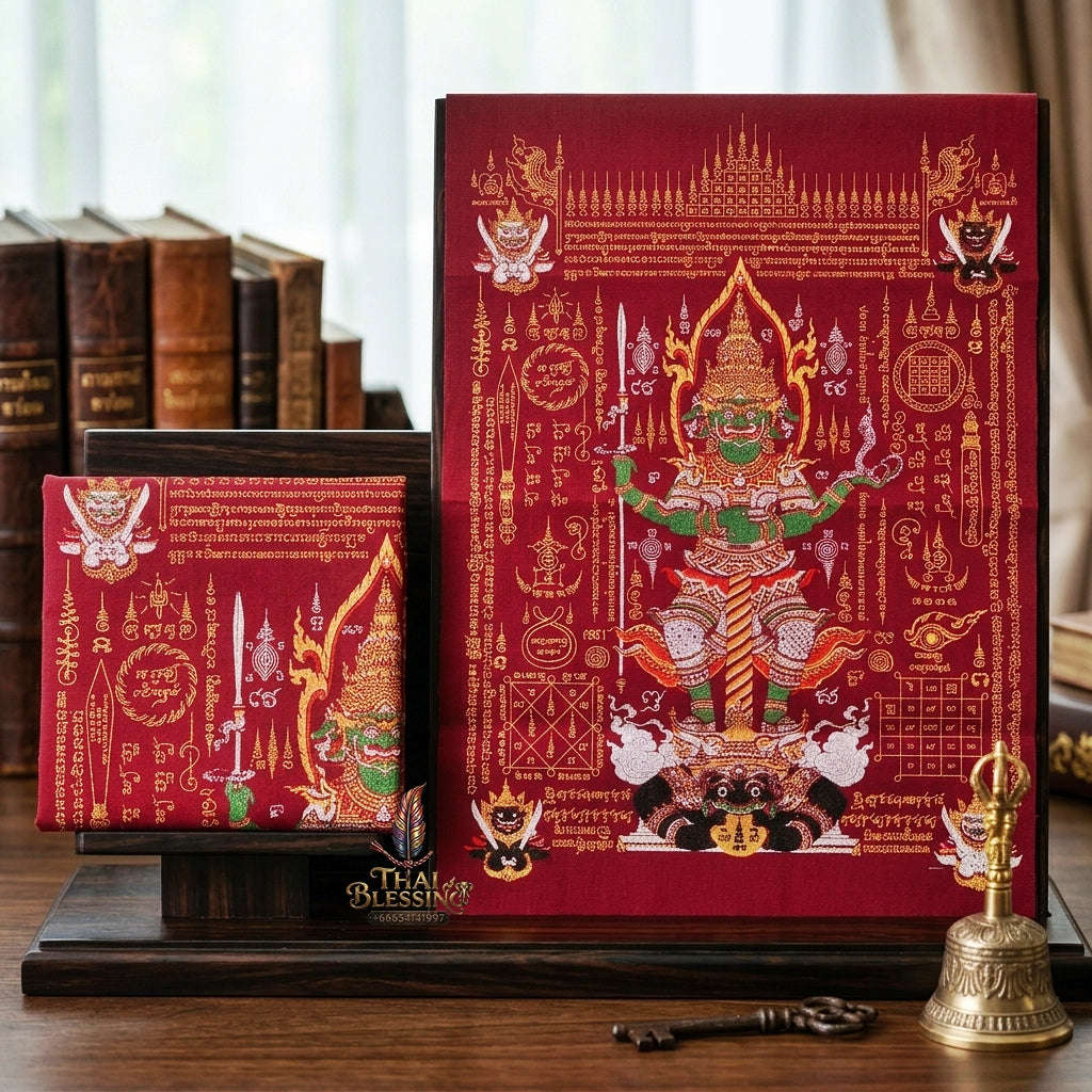 Authentic Thai Sacred Yantra Cloth "Lord Thao Wessuwan - Wealth Prosperity & Evil Vanquishing Edition Batch 3" (A3 Size) by Ruen Phra Phetchalukan Pichai Songkhram