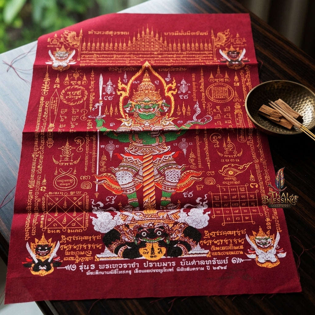 Authentic Thai Sacred Yantra Cloth "Lord Thao Wessuwan - Wealth Prosperity & Evil Vanquishing Edition Batch 3" (A3 Size) by Ruen Phra Phetchalukan Pichai Songkhram