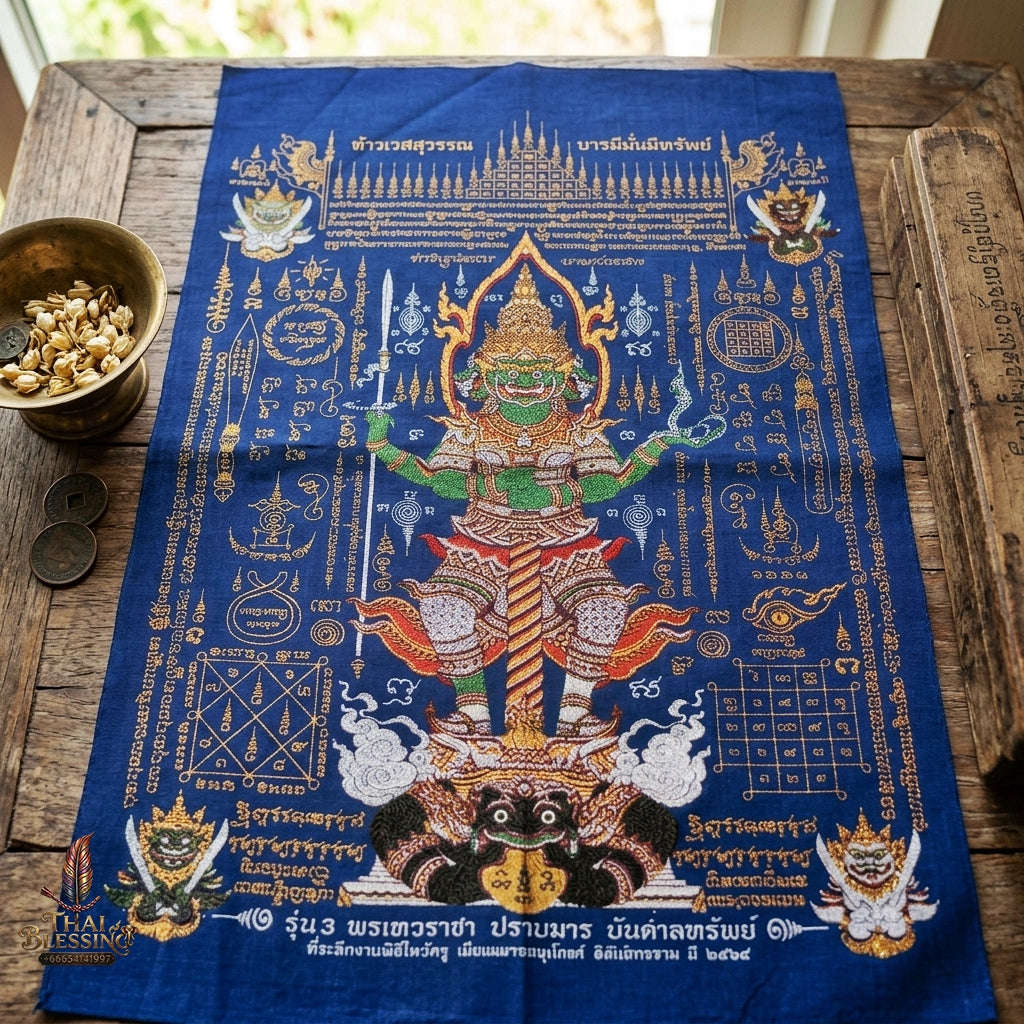 Authentic Thai Sacred Yantra Cloth "Lord Thao Wessuwan - Wealth Prosperity & Evil Vanquishing Edition Batch 3" (A3 Size) by Ruen Phra Phetchalukan Pichai Songkhram Thai Blessing Co By RURUECHA
