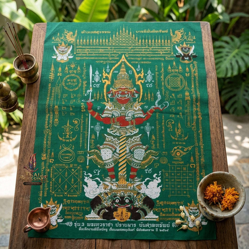 Authentic Thai Sacred Yantra Cloth "Lord Thao Wessuwan - Wealth Prosperity & Evil Vanquishing Edition Batch 3" (A3 Size) by Ruen Phra Phetchalukan Pichai Songkhram Thai Blessing Co By RURUECHA