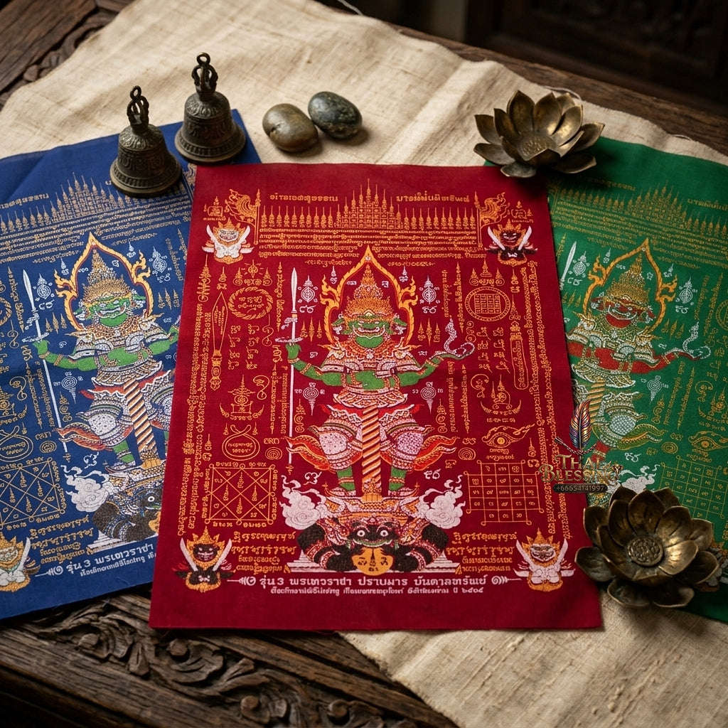 Authentic Thai Sacred Yantra Cloth "Lord Thao Wessuwan - Wealth Prosperity & Evil Vanquishing Edition Batch 3" (A3 Size) by Ruen Phra Phetchalukan Pichai Songkhram