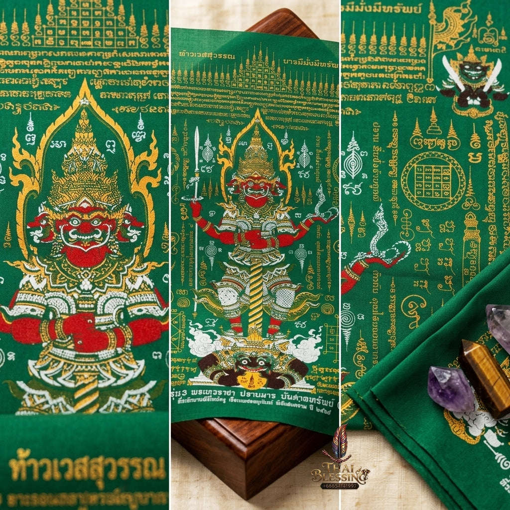 Authentic Thai Sacred Yantra Cloth "Lord Thao Wessuwan - Wealth Prosperity & Evil Vanquishing Edition Batch 3" (A3 Size) by Ruen Phra Phetchalukan Pichai Songkhram Thai Blessing Co By RURUECHA