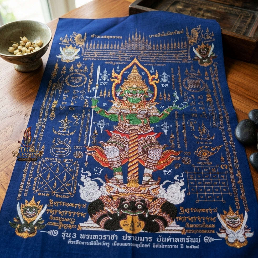 Authentic Thai Sacred Yantra Cloth "Lord Thao Wessuwan - Wealth Prosperity & Evil Vanquishing Edition Batch 3" (A3 Size) by Ruen Phra Phetchalukan Pichai Songkhram Thai Blessing Co By RURUECHA