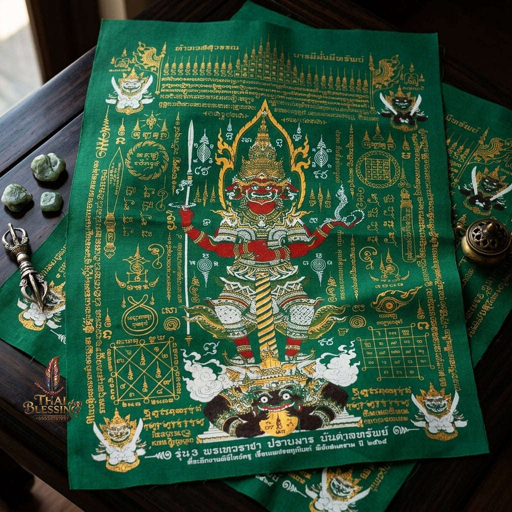 Authentic Thai Sacred Yantra Cloth "Lord Thao Wessuwan - Wealth Prosperity & Evil Vanquishing Edition Batch 3" (A3 Size) by Ruen Phra Phetchalukan Pichai Songkhram Thai Blessing Co By RURUECHA