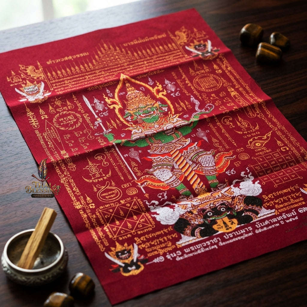 Authentic Thai Sacred Yantra Cloth "Lord Thao Wessuwan - Wealth Prosperity & Evil Vanquishing Edition Batch 3" (A3 Size) by Ruen Phra Phetchalukan Pichai Songkhram