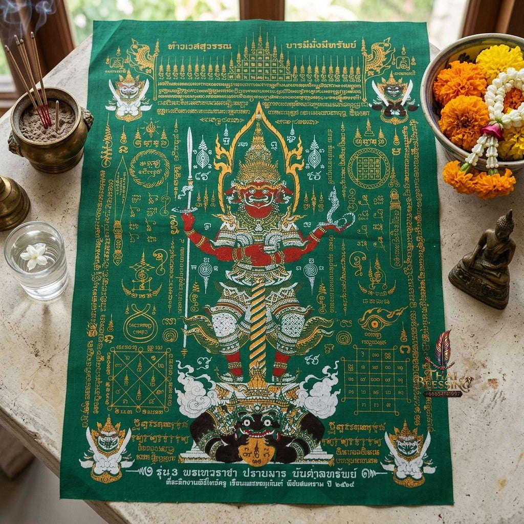 Authentic Thai Sacred Yantra Cloth "Lord Thao Wessuwan - Wealth Prosperity & Evil Vanquishing Edition Batch 3" (A3 Size) by Ruen Phra Phetchalukan Pichai Songkhram Thai Blessing Co By RURUECHA