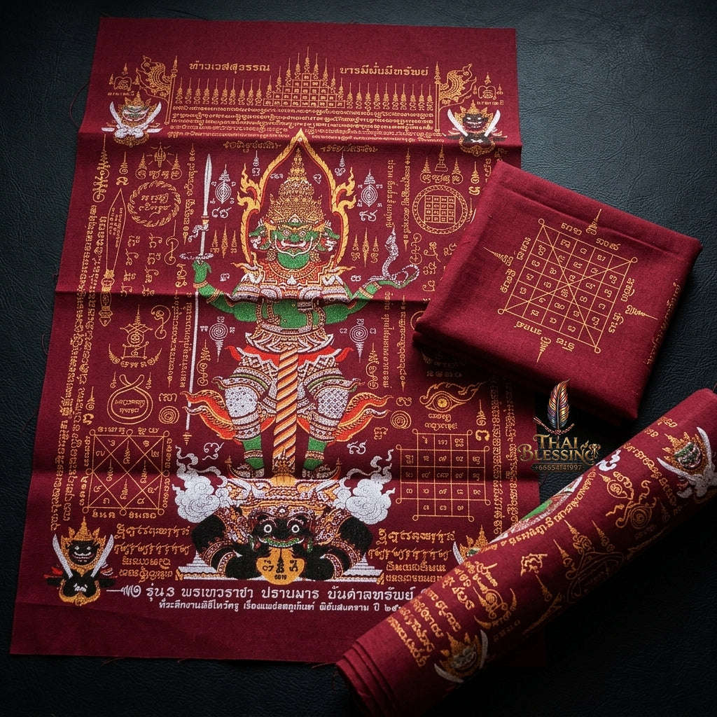 Authentic Thai Sacred Yantra Cloth "Lord Thao Wessuwan - Wealth Prosperity & Evil Vanquishing Edition Batch 3" (A3 Size) by Ruen Phra Phetchalukan Pichai Songkhram