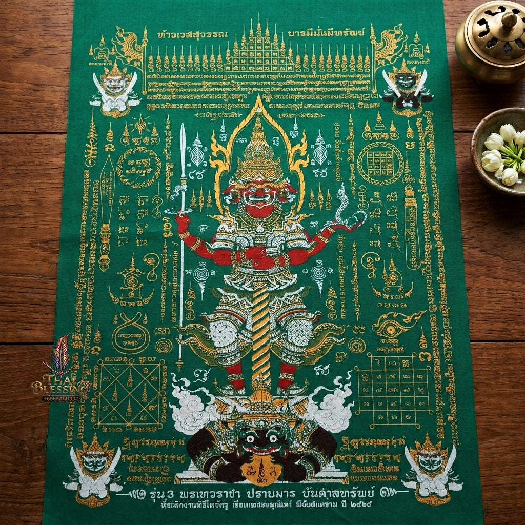 Authentic Thai Sacred Yantra Cloth "Lord Thao Wessuwan - Wealth Prosperity & Evil Vanquishing Edition Batch 3" (A3 Size) by Ruen Phra Phetchalukan Pichai Songkhram Thai Blessing Co By RURUECHA