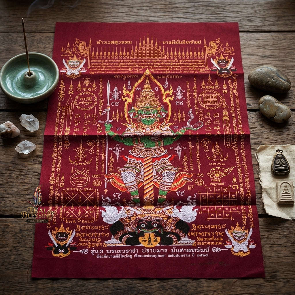Authentic Thai Sacred Yantra Cloth "Lord Thao Wessuwan - Wealth Prosperity & Evil Vanquishing Edition Batch 3" (A3 Size) by Ruen Phra Phetchalukan Pichai Songkhram