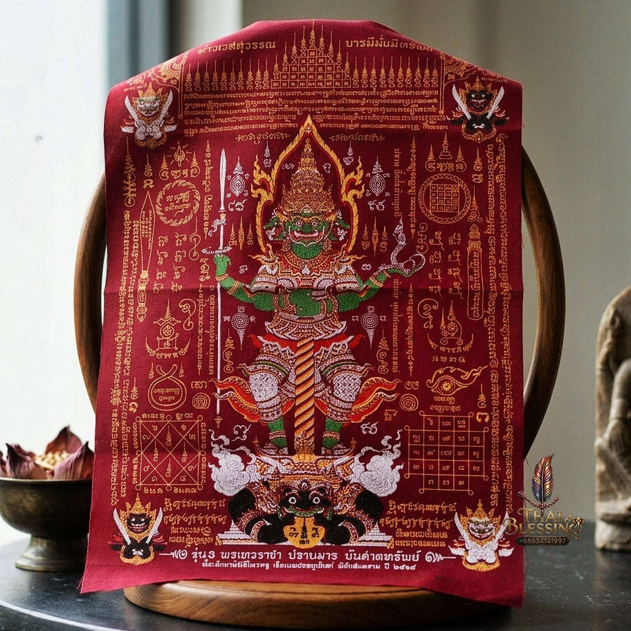Authentic Thai Sacred Yantra Cloth "Lord Thao Wessuwan - Wealth Prosperity & Evil Vanquishing Edition Batch 3" (A3 Size) by Ruen Phra Phetchalukan Pichai Songkhram