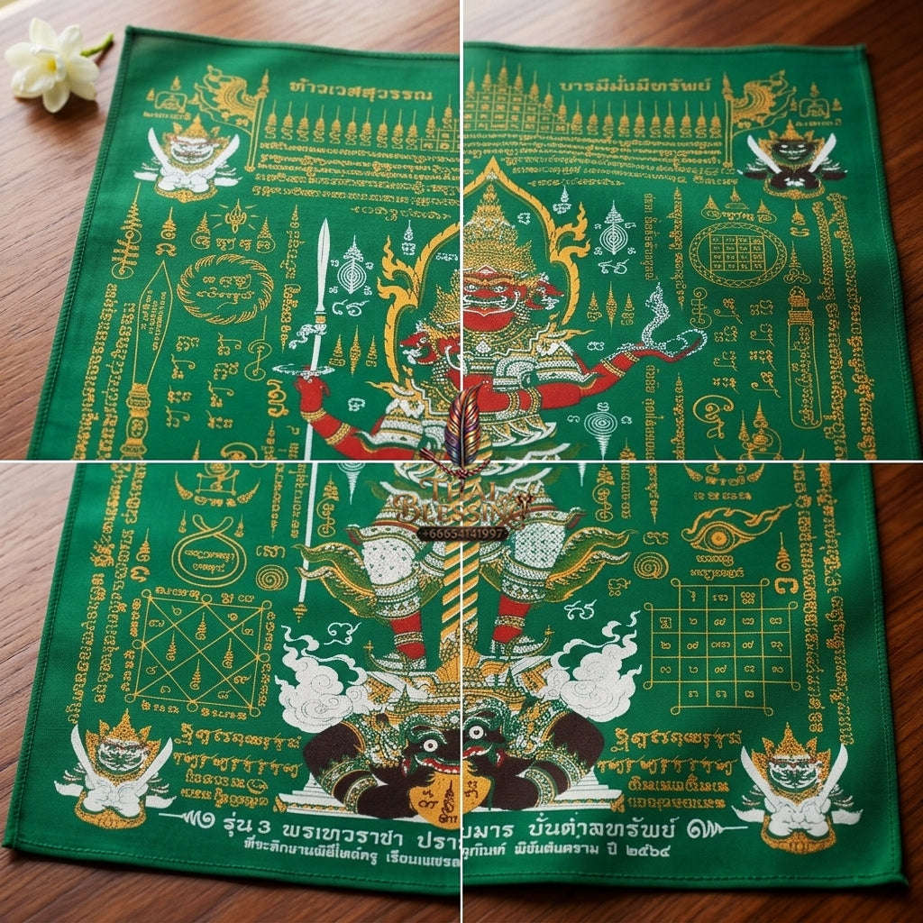 Authentic Thai Sacred Yantra Cloth "Lord Thao Wessuwan - Wealth Prosperity & Evil Vanquishing Edition Batch 3" (A3 Size) by Ruen Phra Phetchalukan Pichai Songkhram Thai Blessing Co By RURUECHA