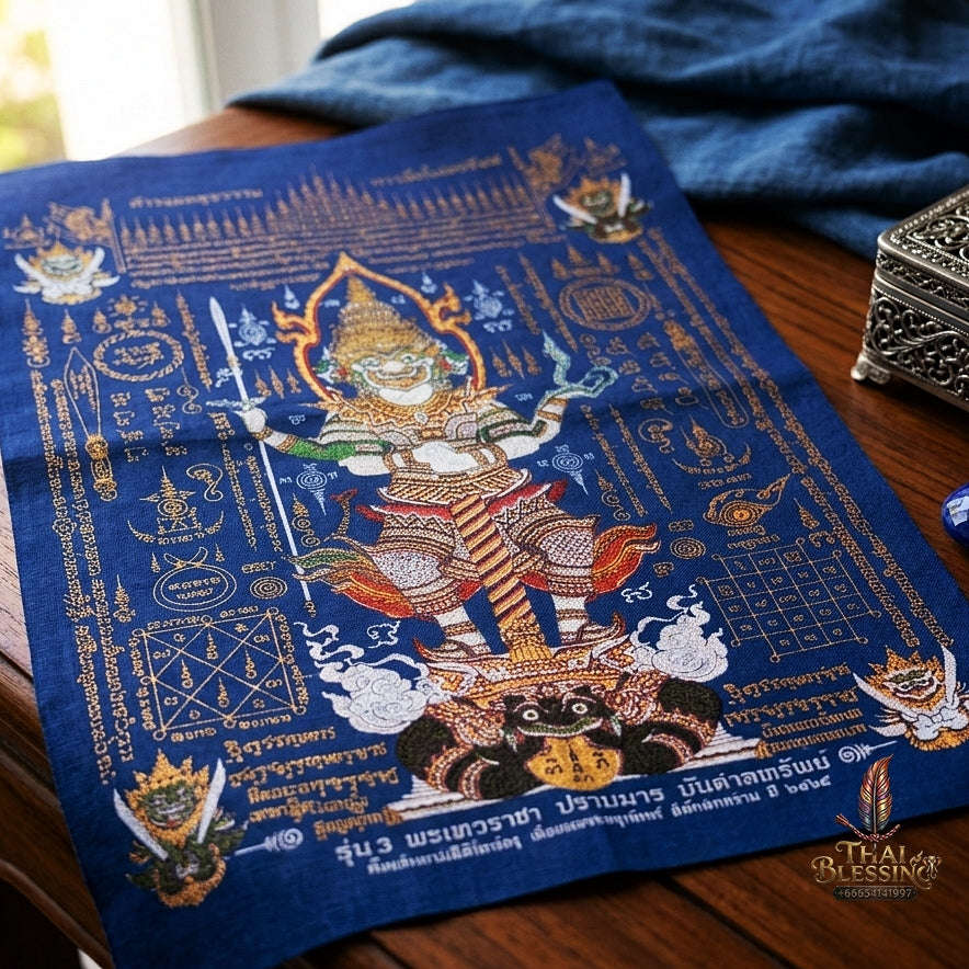 Authentic Thai Sacred Yantra Cloth "Lord Thao Wessuwan - Wealth Prosperity & Evil Vanquishing Edition Batch 3" (A3 Size) by Ruen Phra Phetchalukan Pichai Songkhram Thai Blessing Co By RURUECHA