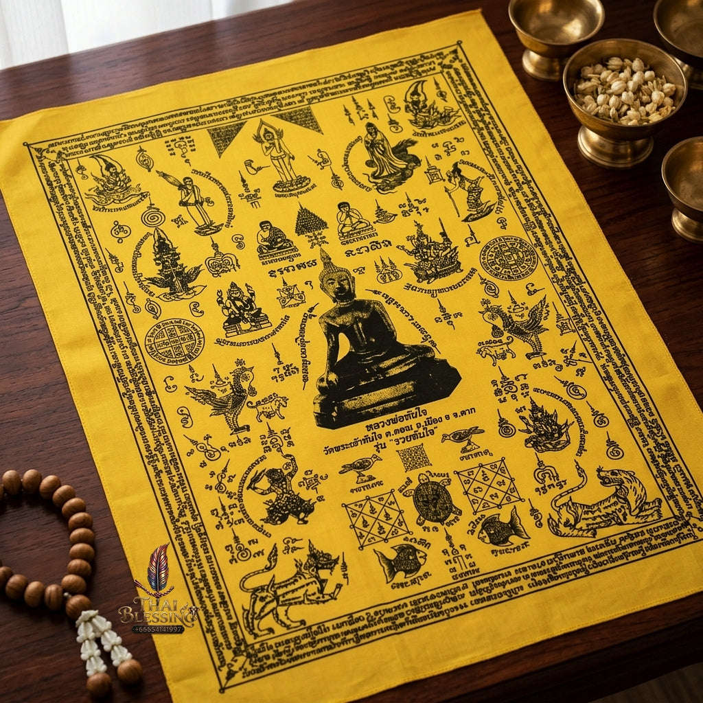 Authentic Thai Sacred Yantra Cloth "Luang Pho Tanjai - Instant Wish-Fulfilling & Universal Blessing Edition" (Large 22 x 30 Inches) Thai Blessing Co By RURUECHA