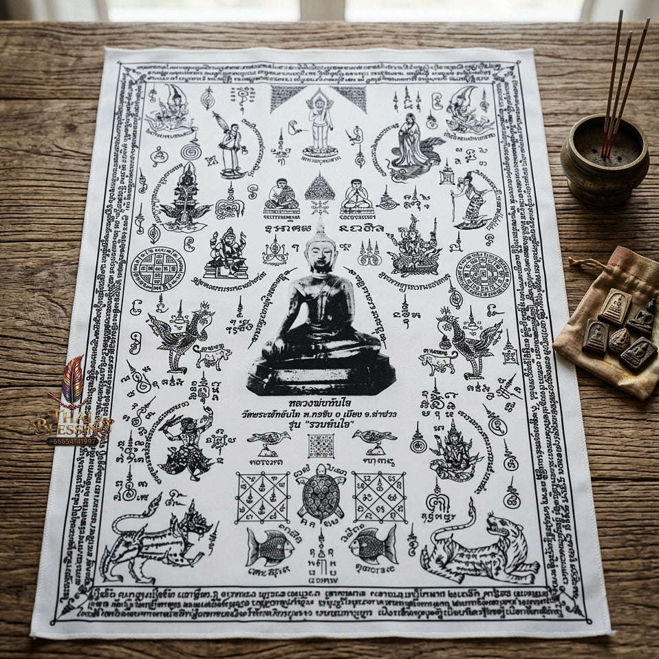 Authentic Thai Sacred Yantra Cloth "Luang Pho Tanjai - Instant Wish-Fulfilling & Universal Blessing Edition" (Large 22 x 30 Inches) Thai Blessing Co By RURUECHA