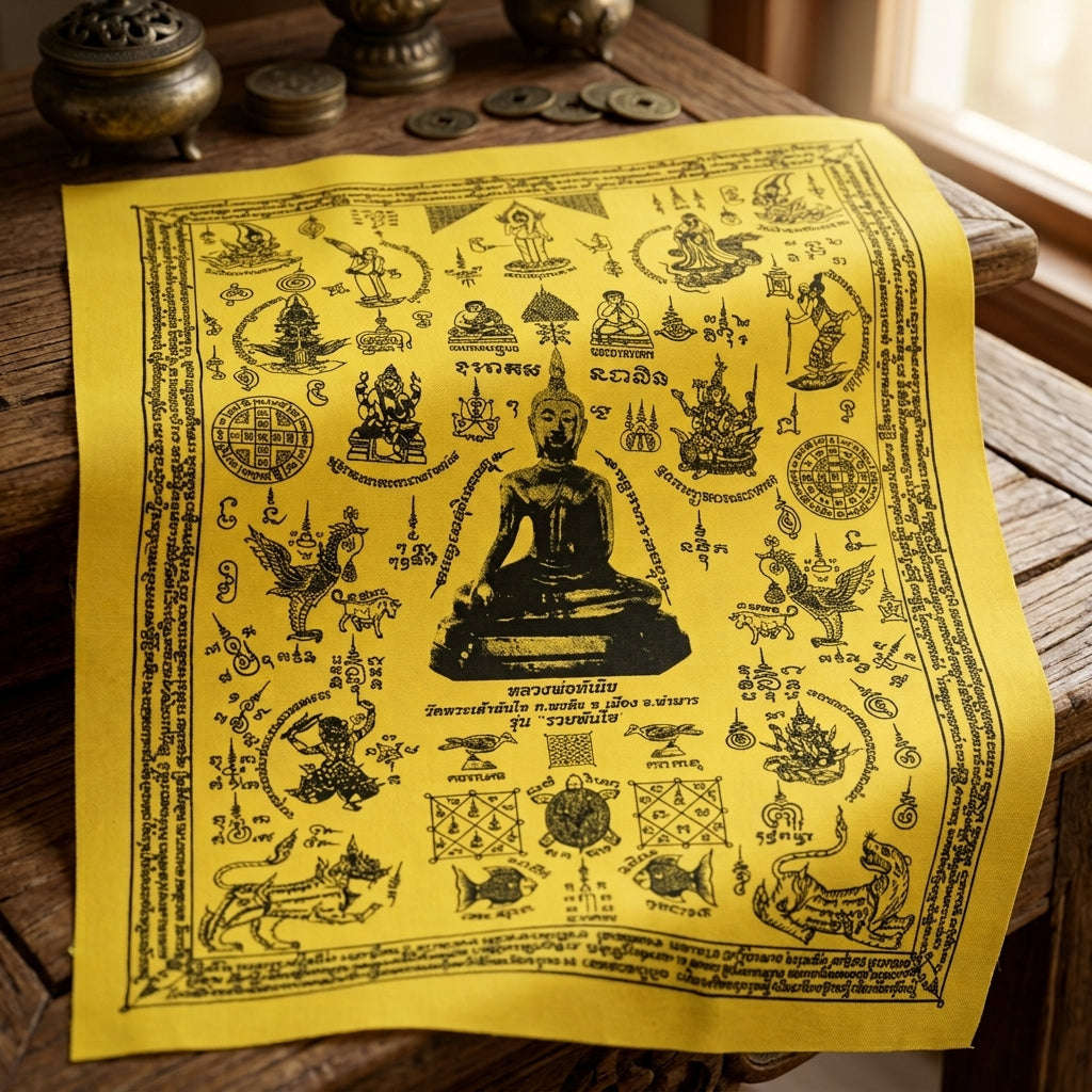 Authentic Thai Sacred Yantra Cloth "Luang Pho Tanjai - Instant Wish-Fulfilling & Universal Blessing Edition" (Large 22 x 30 Inches) Thai Blessing Co By RURUECHA