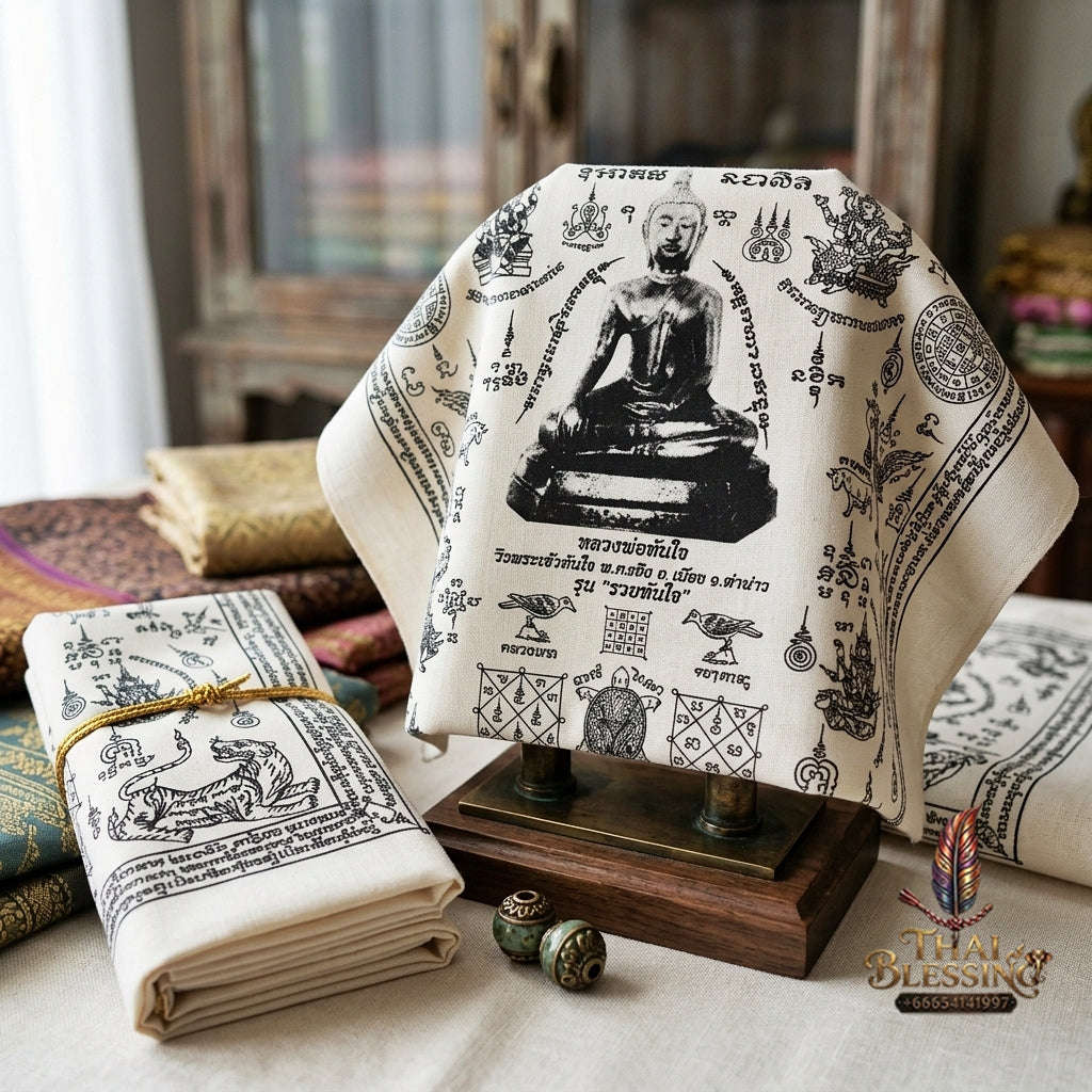 Authentic Thai Sacred Yantra Cloth "Luang Pho Tanjai - Instant Wish-Fulfilling & Universal Blessing Edition" (Large 22 x 30 Inches) Thai Blessing Co By RURUECHA