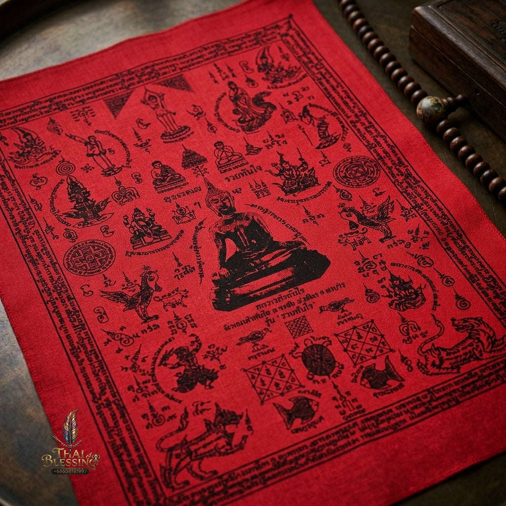Authentic Thai Sacred Yantra Cloth "Luang Pho Tanjai - Instant Wish-Fulfilling & Universal Blessing Edition" (Large 22 x 30 Inches) Thai Blessing Co By RURUECHA