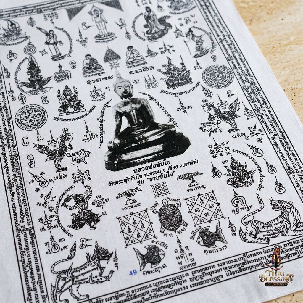 Authentic Thai Sacred Yantra Cloth "Luang Pho Tanjai - Instant Wish-Fulfilling & Universal Blessing Edition" (Large 22 x 30 Inches) Thai Blessing Co By RURUECHA