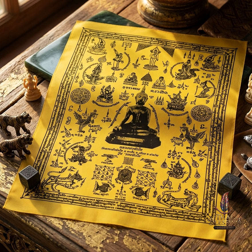 Authentic Thai Sacred Yantra Cloth "Luang Pho Tanjai - Instant Wish-Fulfilling & Universal Blessing Edition" (Large 22 x 30 Inches) Thai Blessing Co By RURUECHA