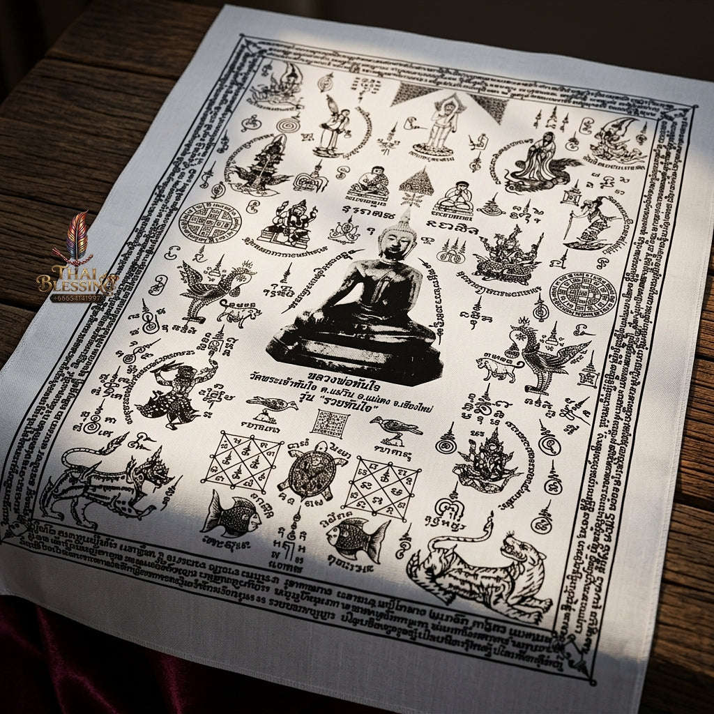 Authentic Thai Sacred Yantra Cloth "Luang Pho Tanjai - Instant Wish-Fulfilling & Universal Blessing Edition" (Large 22 x 30 Inches) Thai Blessing Co By RURUECHA