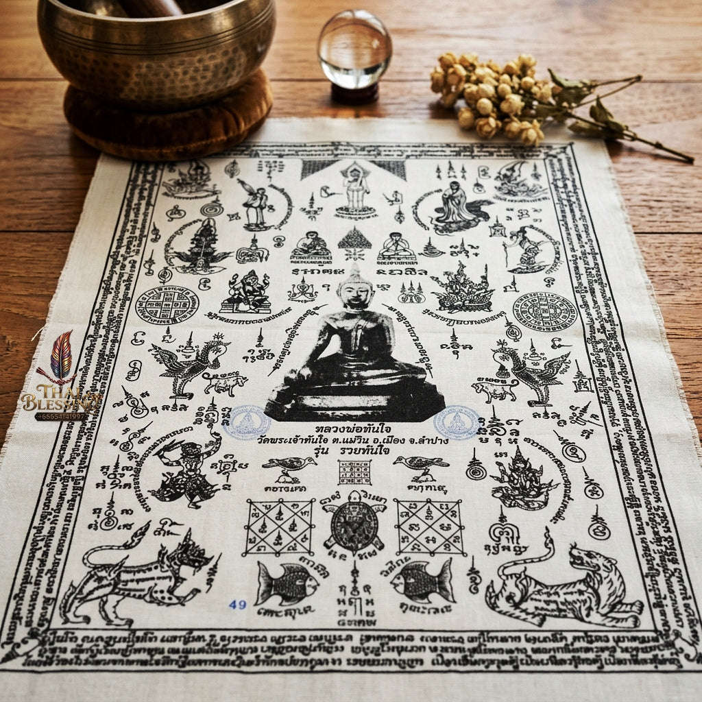 Authentic Thai Sacred Yantra Cloth "Luang Pho Tanjai - Instant Wish-Fulfilling & Universal Blessing Edition" (Large 22 x 30 Inches) Thai Blessing Co By RURUECHA