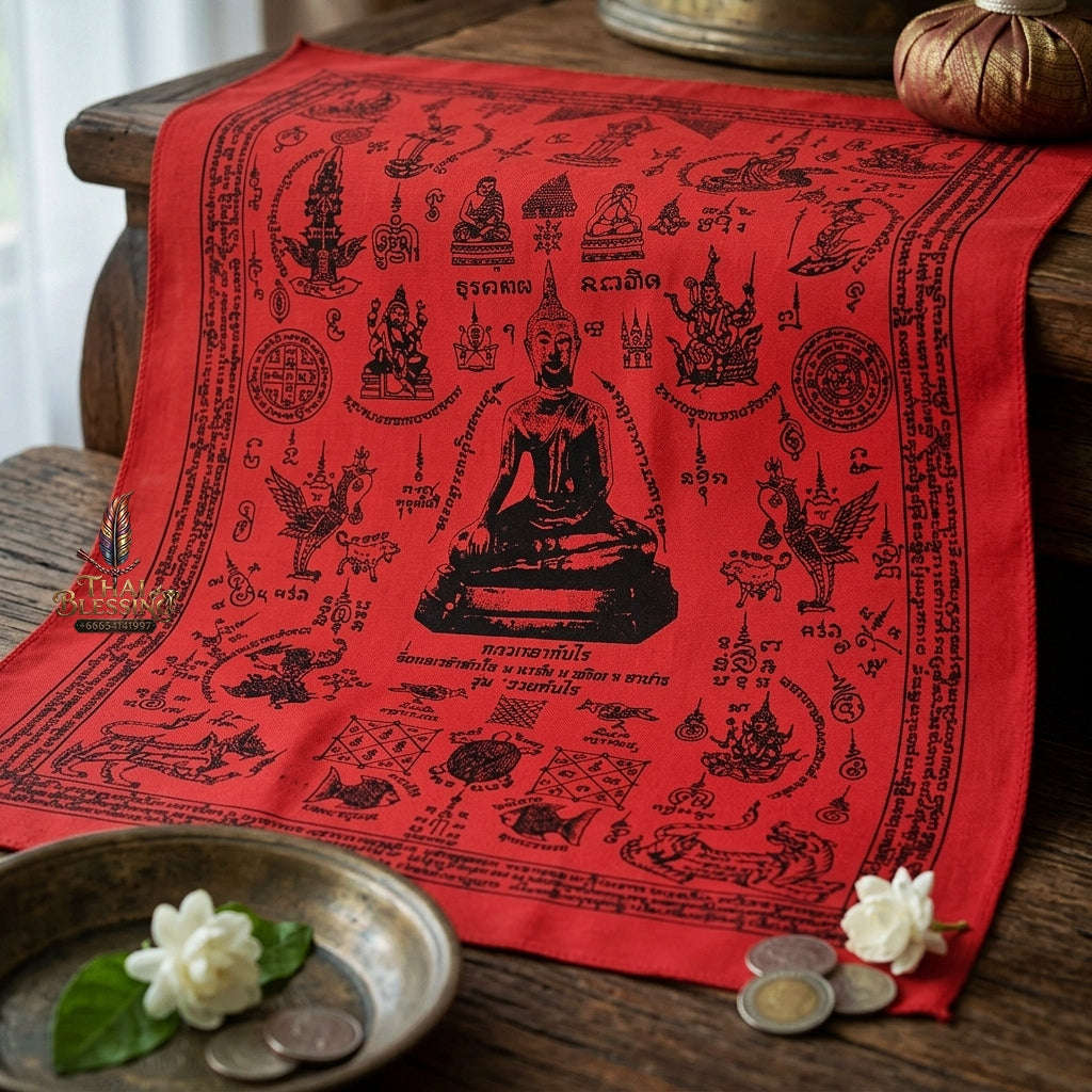 Authentic Thai Sacred Yantra Cloth "Luang Pho Tanjai - Instant Wish-Fulfilling & Universal Blessing Edition" (Large 22 x 30 Inches) Thai Blessing Co By RURUECHA