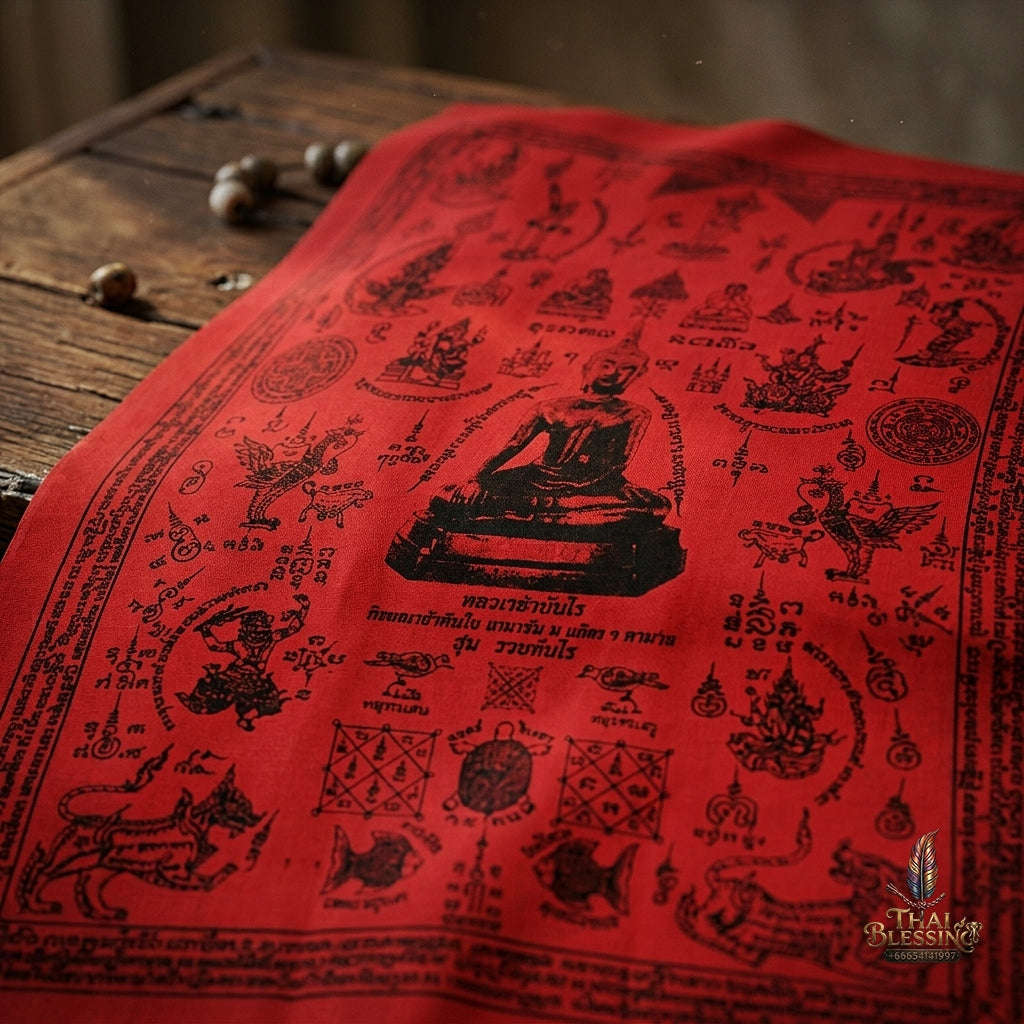 Authentic Thai Sacred Yantra Cloth "Luang Pho Tanjai - Instant Wish-Fulfilling & Universal Blessing Edition" (Large 22 x 30 Inches) Thai Blessing Co By RURUECHA