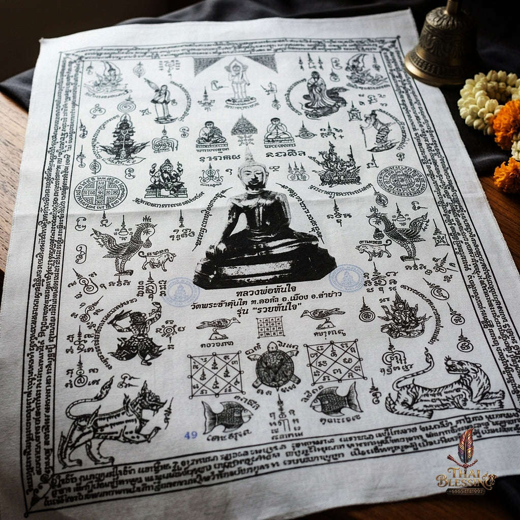 Authentic Thai Sacred Yantra Cloth "Luang Pho Tanjai - Instant Wish-Fulfilling & Universal Blessing Edition" (Large 22 x 30 Inches) Thai Blessing Co By RURUECHA