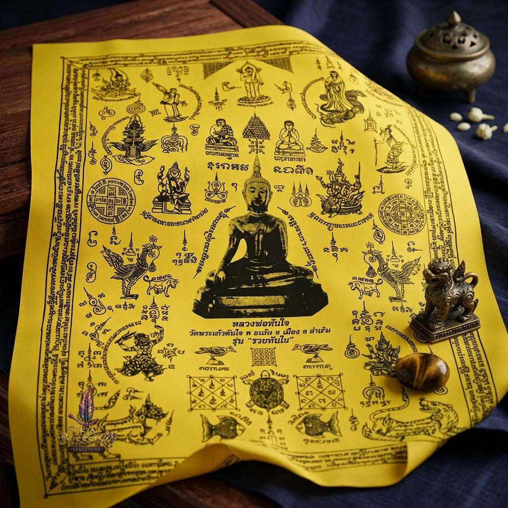 Authentic Thai Sacred Yantra Cloth "Luang Pho Tanjai - Instant Wish-Fulfilling & Universal Blessing Edition" (Large 22 x 30 Inches) Thai Blessing Co By RURUECHA