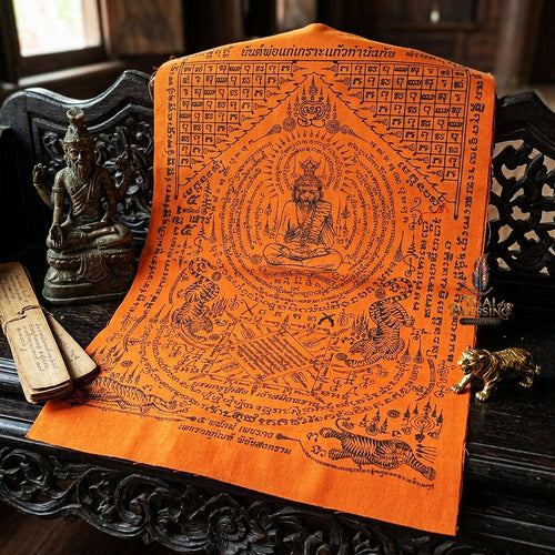 Authentic Thai Sacred Yantra Cloth "Pho Kae Tiger-Faced Lersi Samingprai - 5 Tigers Glass Armor Edition" (A3 Size) by Ruen Phra Phetchalukan Pichai Songkhram Thai Blessing Co By RURUECHA