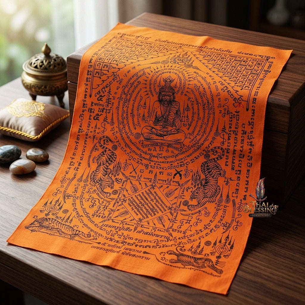 Authentic Thai Sacred Yantra Cloth "Pho Kae Tiger-Faced Lersi Samingprai - 5 Tigers Glass Armor Edition" (A3 Size) by Ruen Phra Phetchalukan Pichai Songkhram Thai Blessing Co By RURUECHA