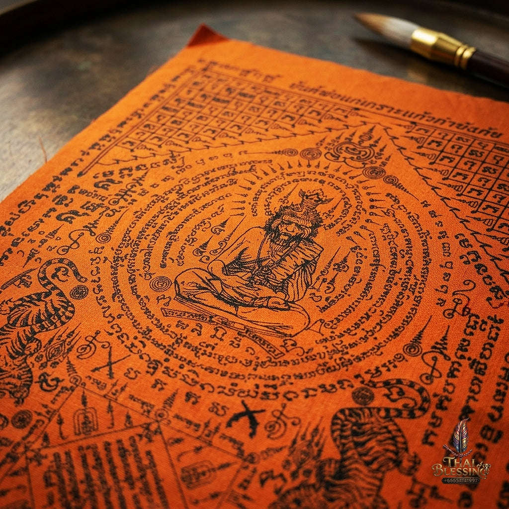 Authentic Thai Sacred Yantra Cloth "Pho Kae Tiger-Faced Lersi Samingprai - 5 Tigers Glass Armor Edition" (A3 Size) by Ruen Phra Phetchalukan Pichai Songkhram Thai Blessing Co By RURUECHA