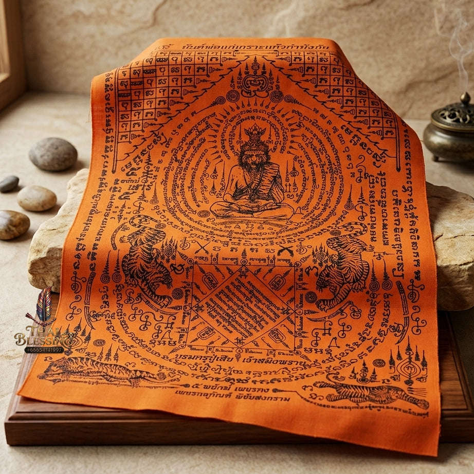 Authentic Thai Sacred Yantra Cloth "Pho Kae Tiger-Faced Lersi Samingprai - 5 Tigers Glass Armor Edition" (A3 Size) by Ruen Phra Phetchalukan Pichai Songkhram Thai Blessing Co By RURUECHA