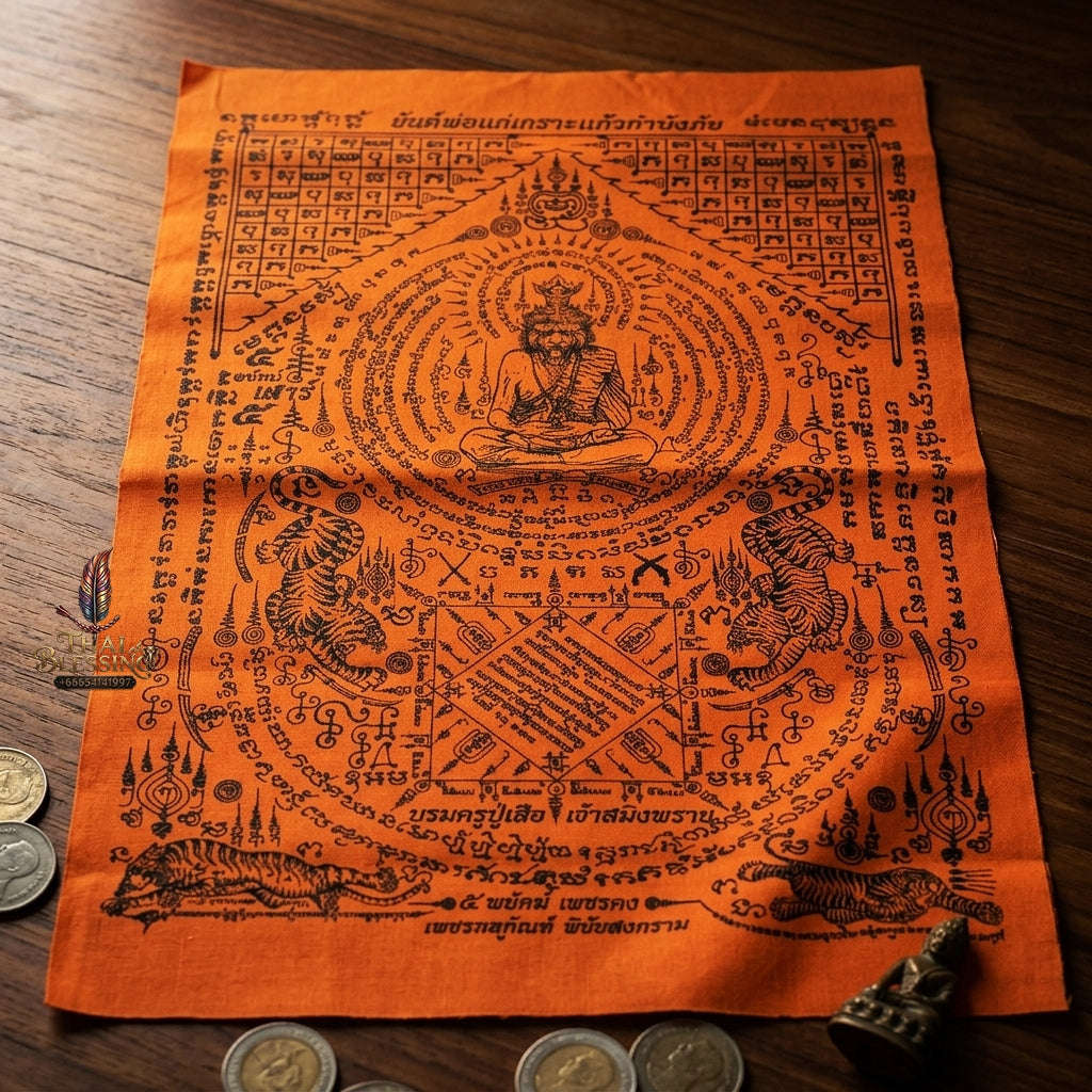 Authentic Thai Sacred Yantra Cloth "Pho Kae Tiger-Faced Lersi Samingprai - 5 Tigers Glass Armor Edition" (A3 Size) by Ruen Phra Phetchalukan Pichai Songkhram Thai Blessing Co By RURUECHA