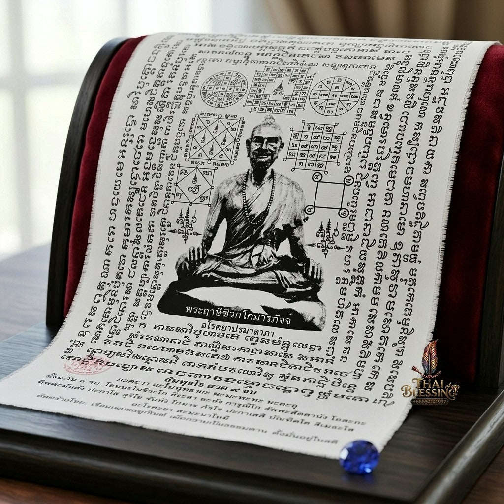 Authentic Thai Sacred Yantra Cloth "Rishi Jivaka Komarabhacca - Father of Medicine" Consecrated by Ruen Phra Phetchalukan Pichaisongkram - Healing, Protection & Longevity Talisman - Dimensions 30x50 cm (12x20 Inches) Thai Blessing Co By RURUECHA