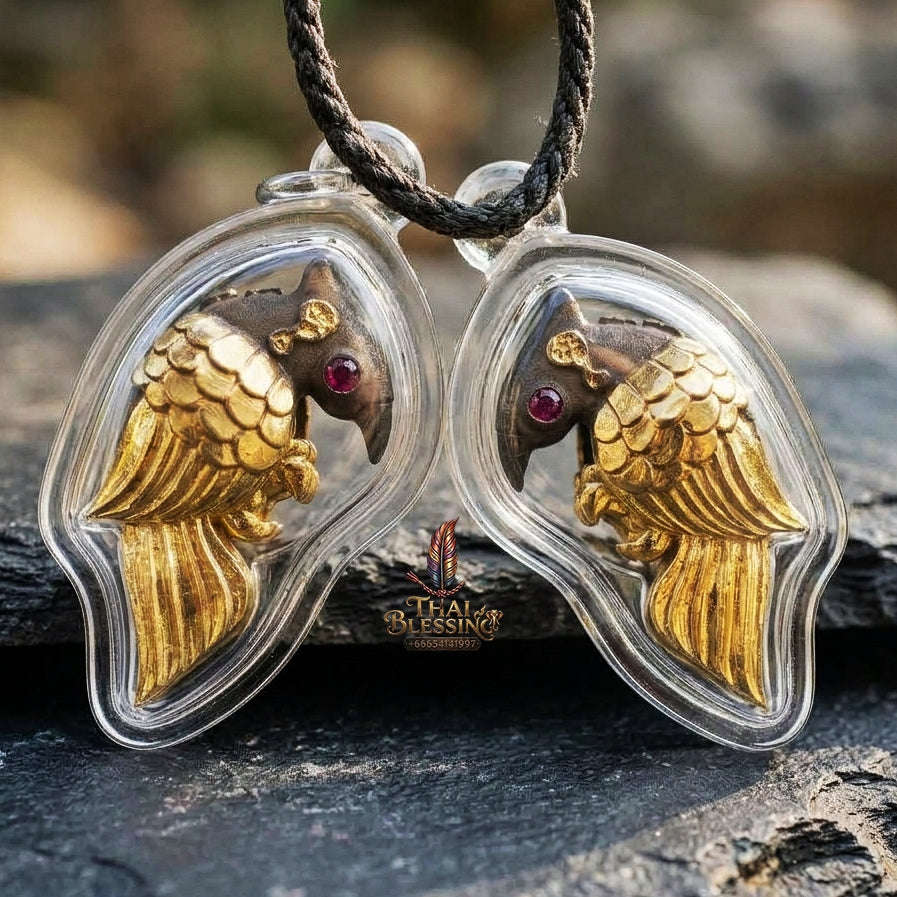 Authentic Thai Salika Bird Amulet "Sarika Maha Long Enchantment Celestial Bird Khan Long Hin Bronze Partial Gold Plated with Red Gemstone Eyes" Consecrated by Luang Pu Thongwan, Wat Ban Pak Dom B.E. 2568 (2025) Thai Blessing Co By RURUECHA