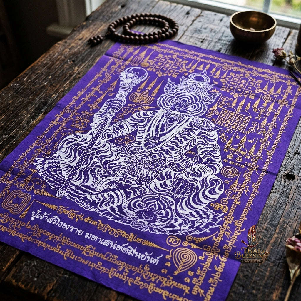 Authentic Thai Sorcery Cloth "Puu Chao Samingphrai Maha Saneh Muen Yant BE 2569" - Sacred Purple & Gold Yantra Cloth Talisman Thai Blessing Co By RURUECHA