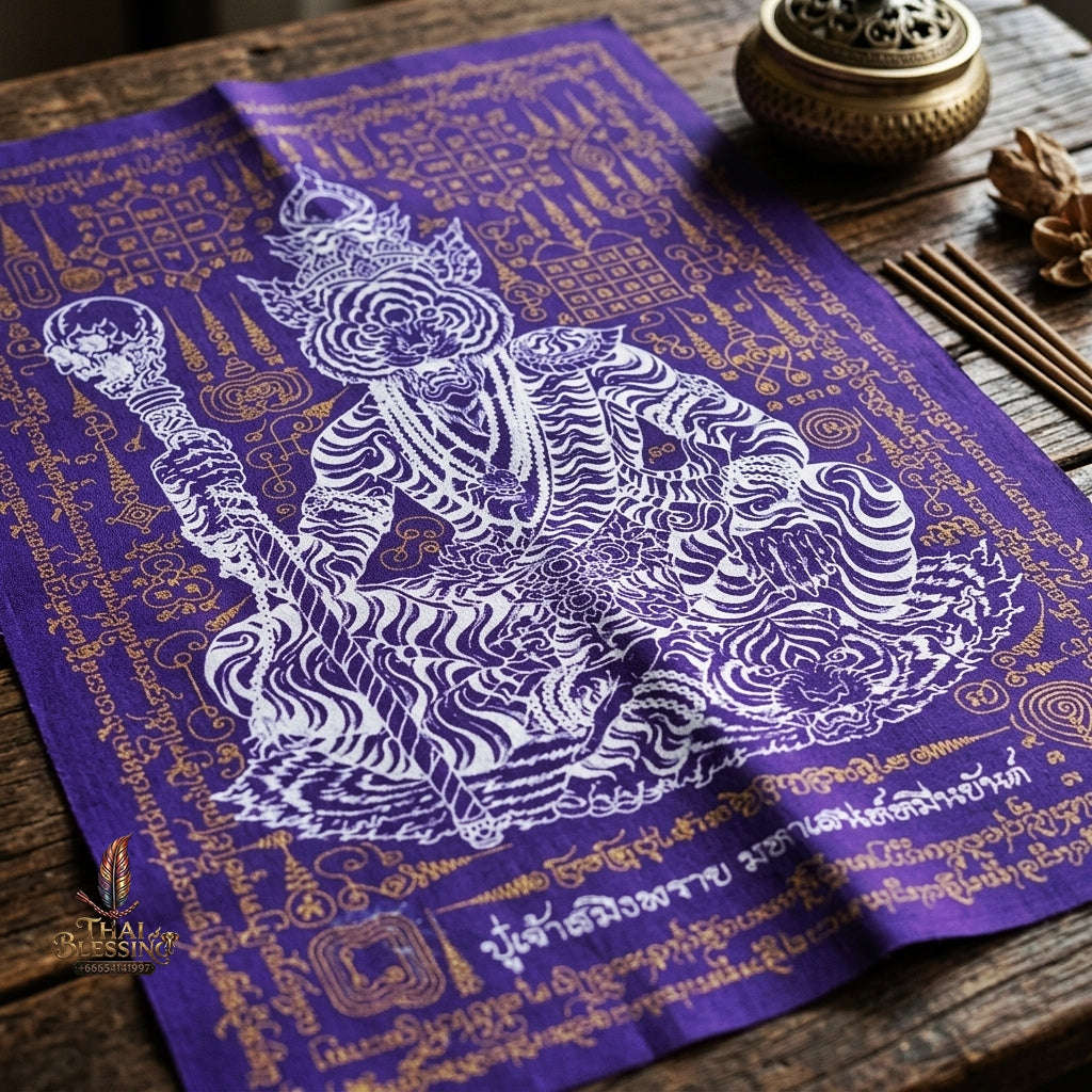 Authentic Thai Sorcery Cloth "Puu Chao Samingphrai Maha Saneh Muen Yant BE 2569" - Sacred Purple & Gold Yantra Cloth Talisman Thai Blessing Co By RURUECHA