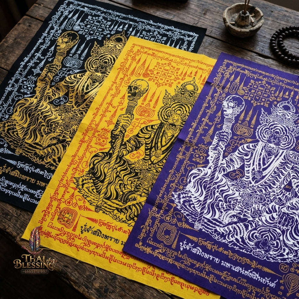 Authentic Thai Sorcery Cloth "Puu Chao Samingphrai Maha Saneh Muen Yant BE 2569" - Sacred Purple & Gold Yantra Cloth Talisman Thai Blessing Co By RURUECHA