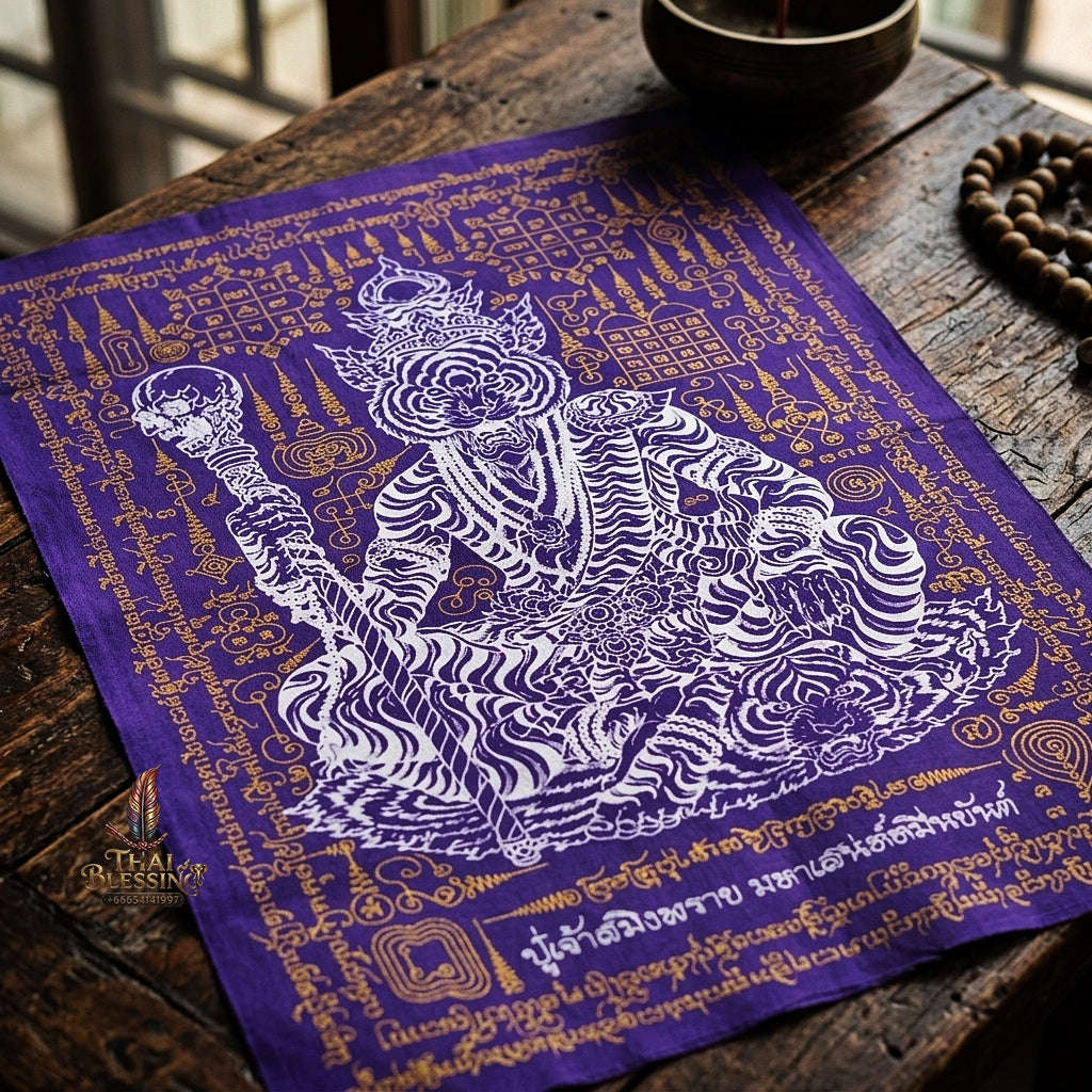 Authentic Thai Sorcery Cloth "Puu Chao Samingphrai Maha Saneh Muen Yant BE 2569" - Sacred Purple & Gold Yantra Cloth Talisman Thai Blessing Co By RURUECHA