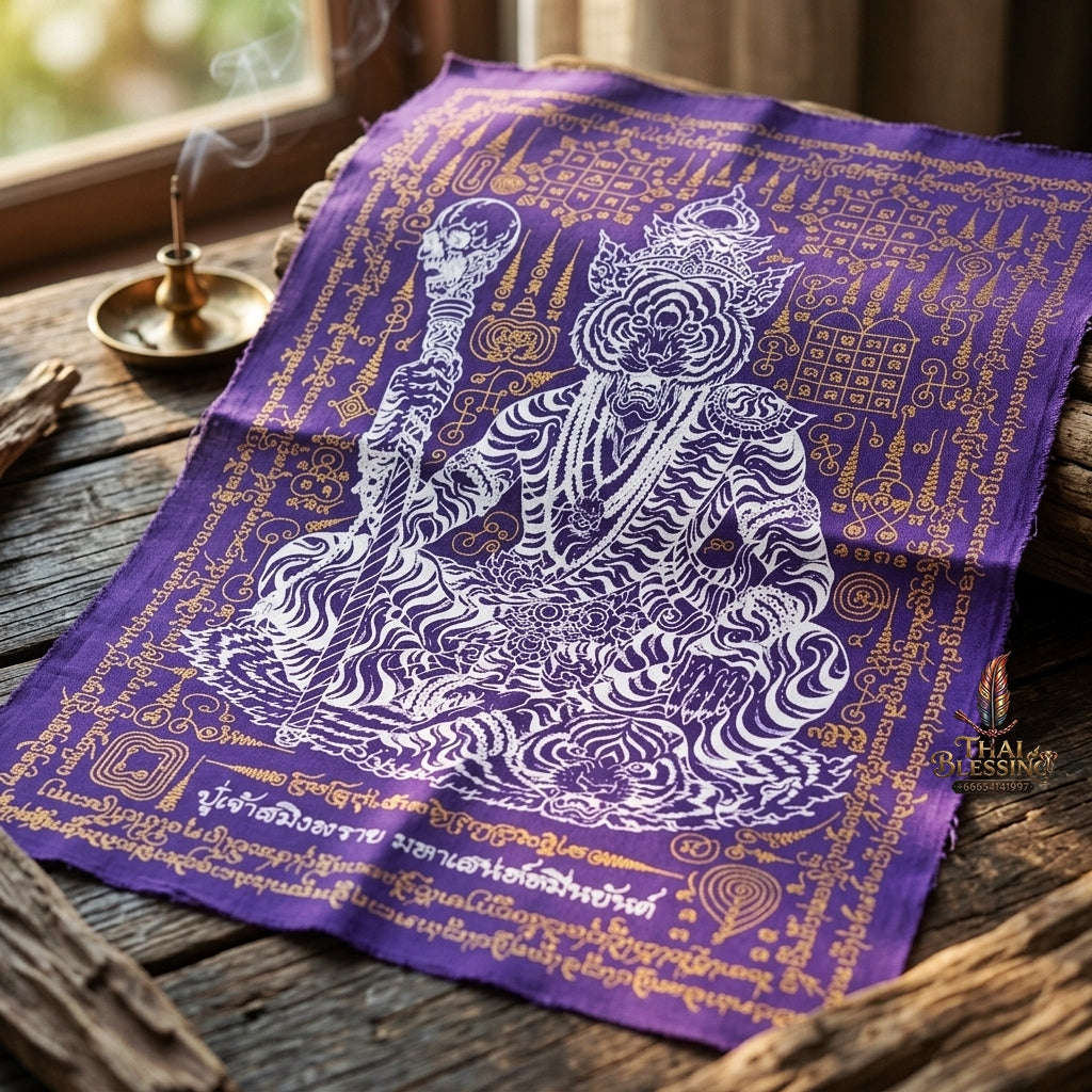 Authentic Thai Sorcery Cloth "Puu Chao Samingphrai Maha Saneh Muen Yant BE 2569" - Sacred Purple & Gold Yantra Cloth Talisman Thai Blessing Co By RURUECHA