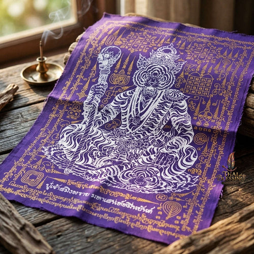 Authentic Thai Sorcery Cloth "Puu Chao Samingphrai Maha Saneh Muen Yant BE 2569" - Sacred Purple & Gold Yantra Cloth Talisman Thai Blessing Co By RURUECHA