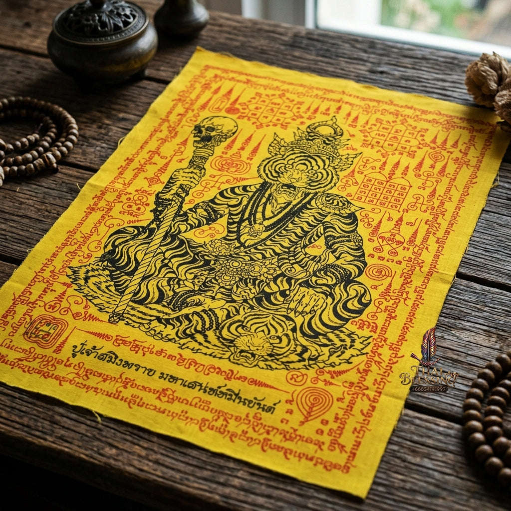 Authentic Thai Sorcery Cloth "Puu Chao Samingphrai Maha Saneh Muen Yant BE 2569" - Sacred Yellow, Red & Black Yantra Cloth Talisman Thai Blessing Co By RURUECHA