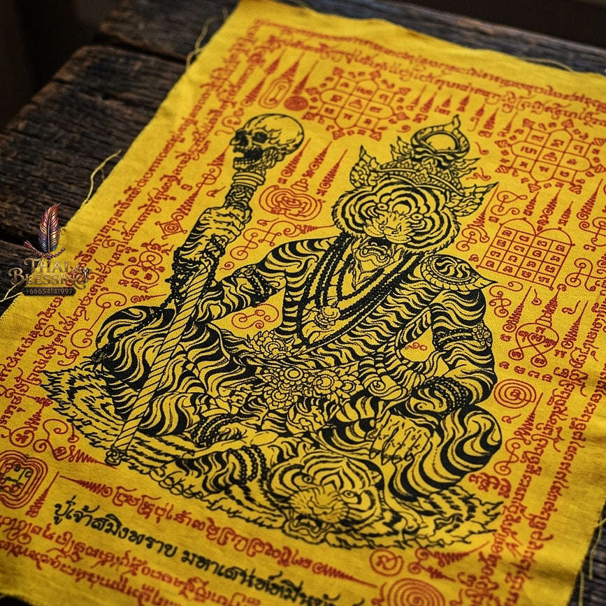 Authentic Thai Sorcery Cloth "Puu Chao Samingphrai Maha Saneh Muen Yant BE 2569" - Sacred Yellow, Red & Black Yantra Cloth Talisman Thai Blessing Co By RURUECHA